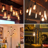 Collage of various light bulb-themed decor items in different settings.